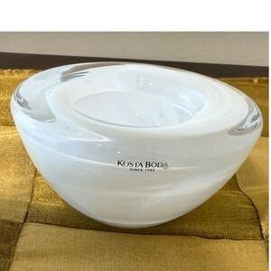 Kosta Boda Atoll Bowl White Swirl Art Glass Centerpiece Modern Decor